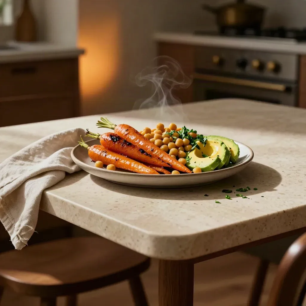 Low-angle lunch plate with grains, roasted vegetables, chickpeas, avocado, and herbs on travertine