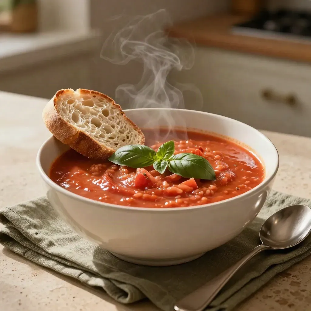 Steaming tomato rice soup in a wide bowl with basil and crusty bread on warm stone.