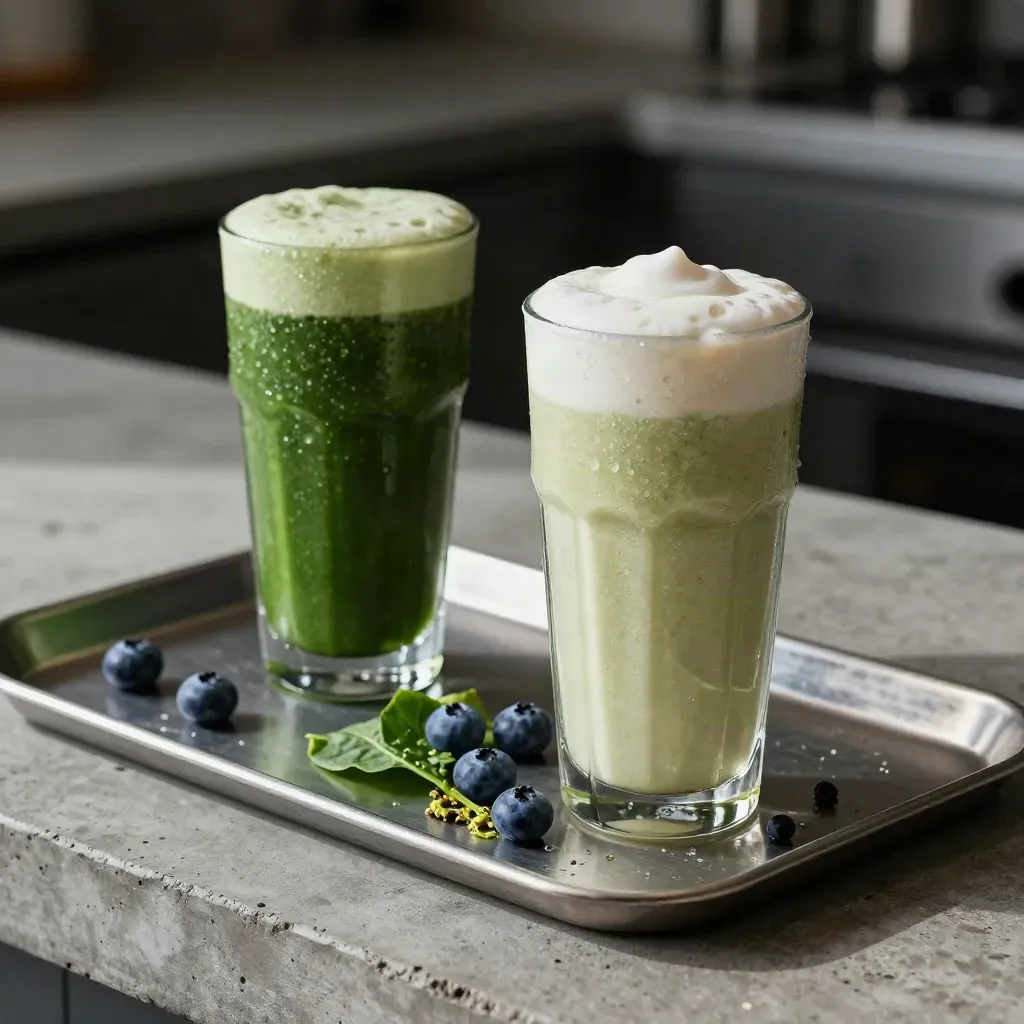 Two green low-sugar smoothies with berries and protein on a brushed steel tray, shot low and close.