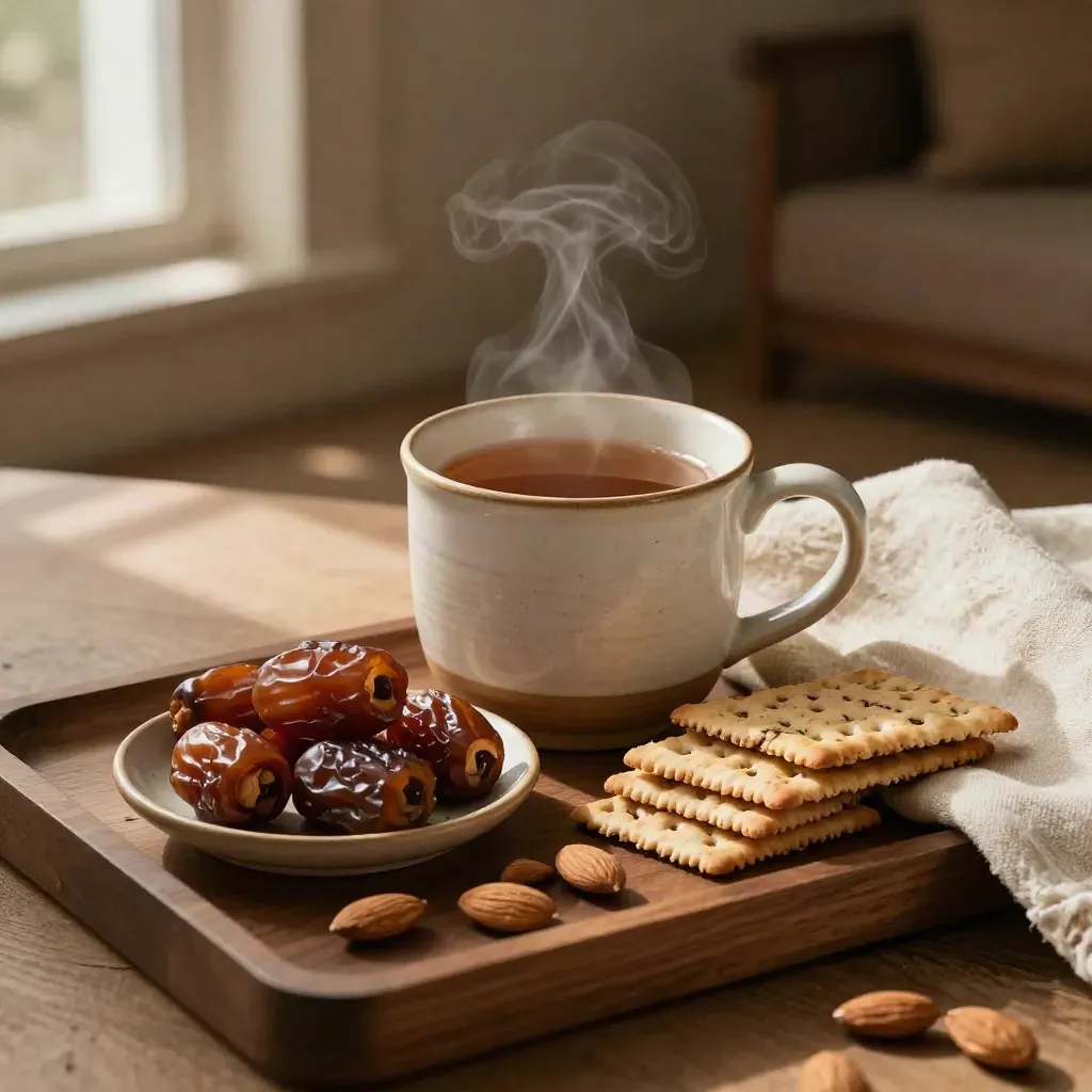 Herbal tea with dates, almonds and crackers on a bedside tray in warm dusk light