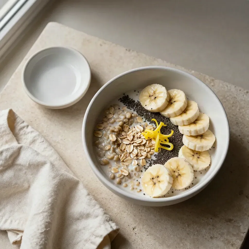 Overhead bowl of overnight oats with banana and chia, linen cloth and spoon on stone.