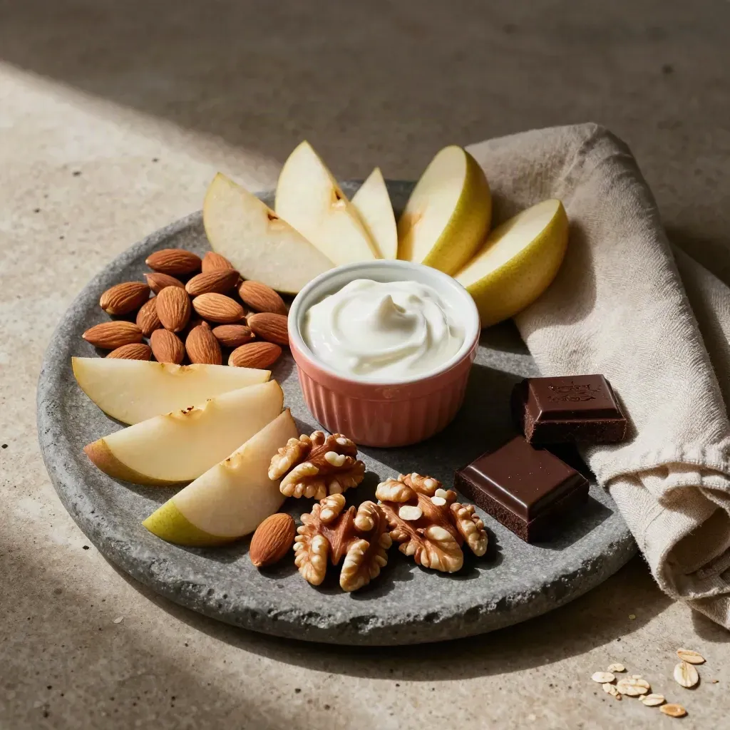 Tray of snack swaps with fruit, nuts, yogurt dip and dark chocolate on stone.