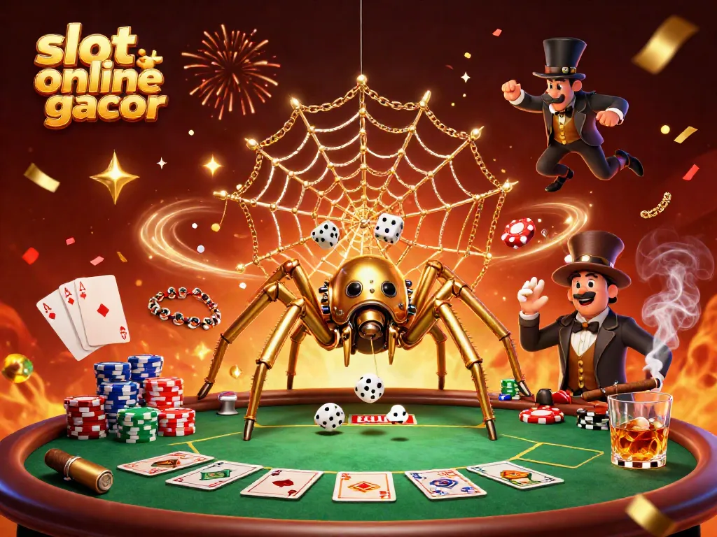 Experience slot online gacor excitement with a 3D illustration featuring a steampunk spider and Victorian fly amidst vibrant casino elements.