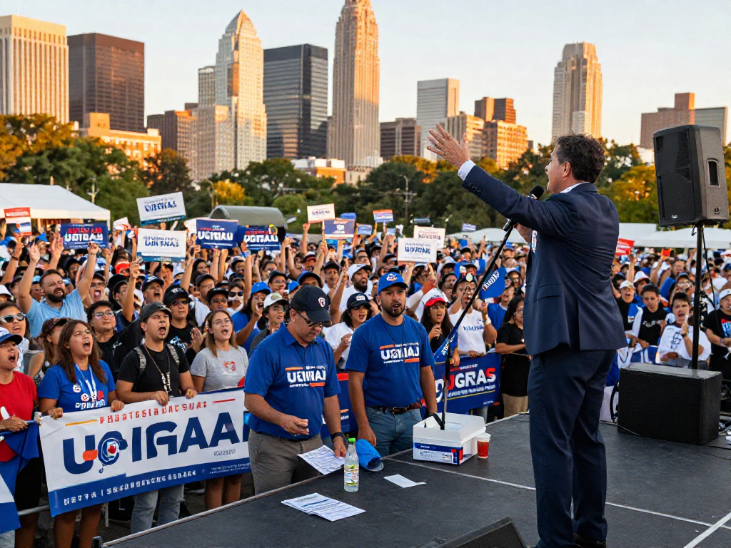 Political campaign analytics showcased during an energetic rally, candidate engaging with a diverse crowd and vibrant atmosphere.