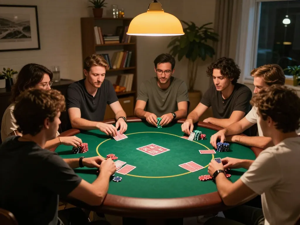 Winning strategies at MM88 home poker night, players engaged in Texas Hold'em.