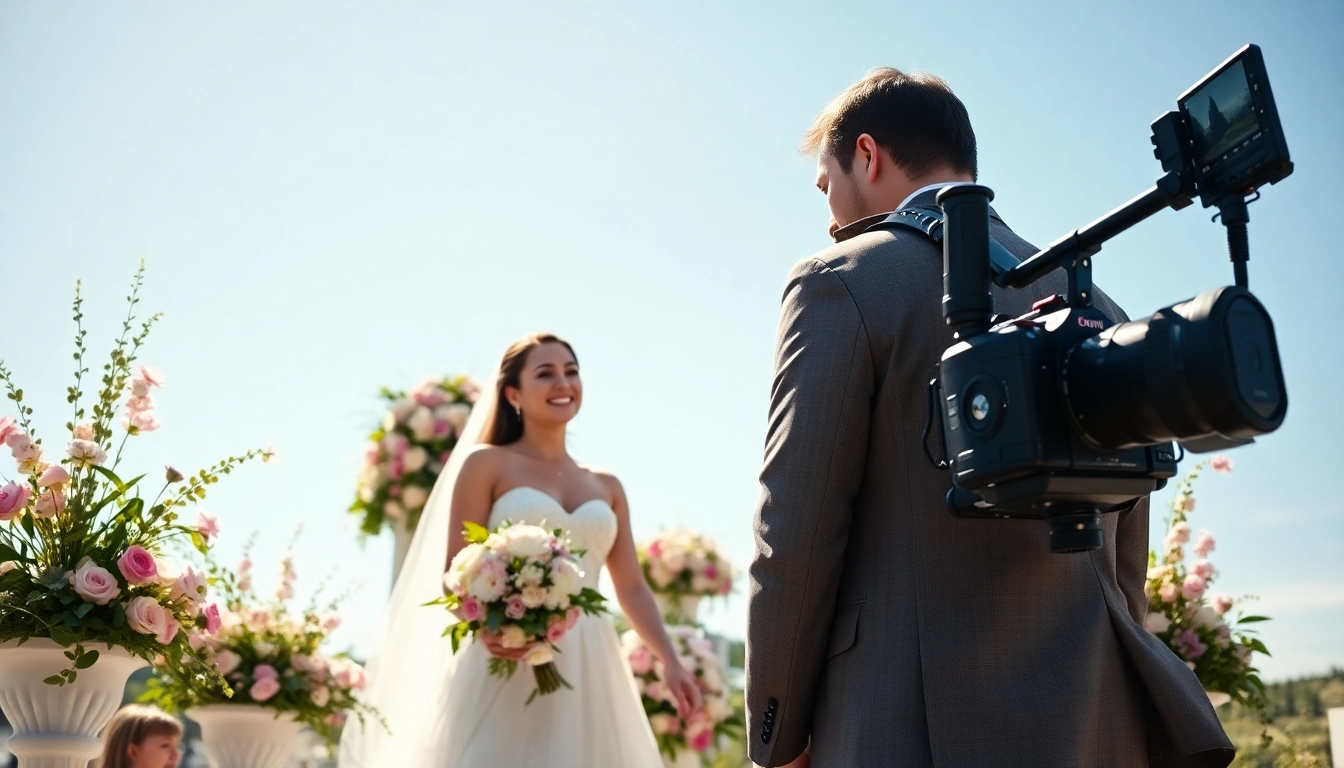 Edmonton videographer beautifully capturing a joyous outdoor wedding scene.