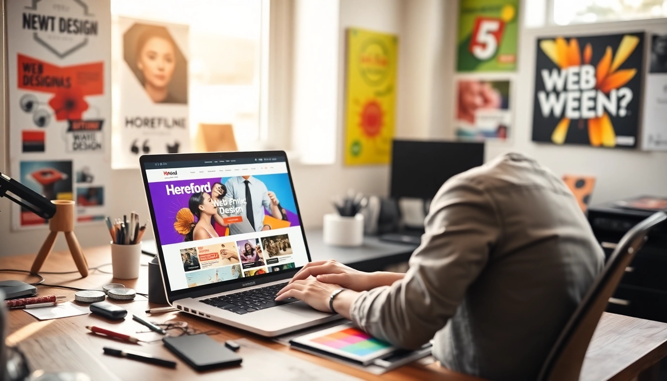 Showcasing a designer at work on Hereford Web Design with colorful displays and a modern workspace.