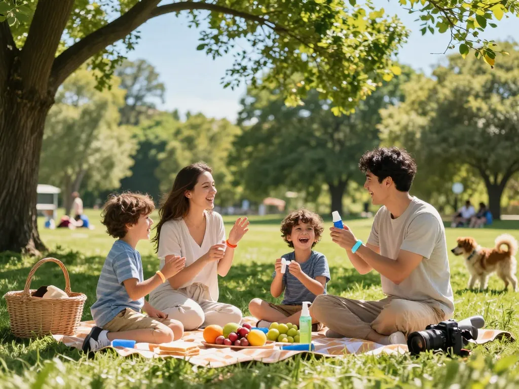 Family applying mosquito repellent while enjoying a summer picnic in a green park.