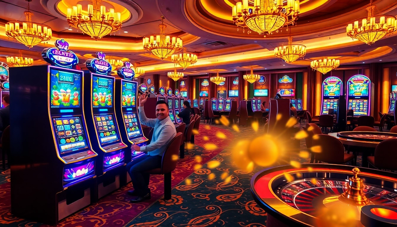 Pemain yang bersemangat merayakan kemenangan di mesin slot Depo Pulsa di kasino mewah.