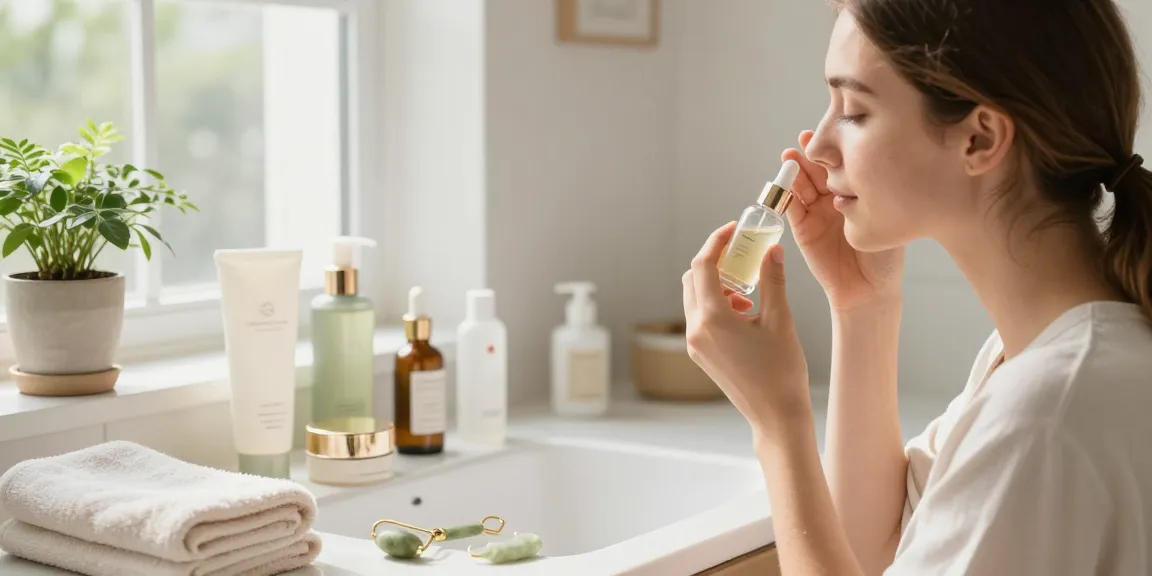 Femeie angajată în rutina sa de îngrijire a pielii cu diverse produse într-o baie luminoasă.