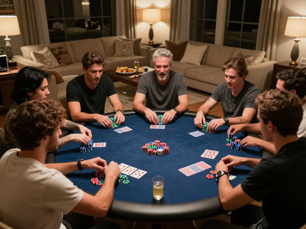 Engaged players enjoying a friendly poker night showcasing nhà cái 388bet action and strategy.