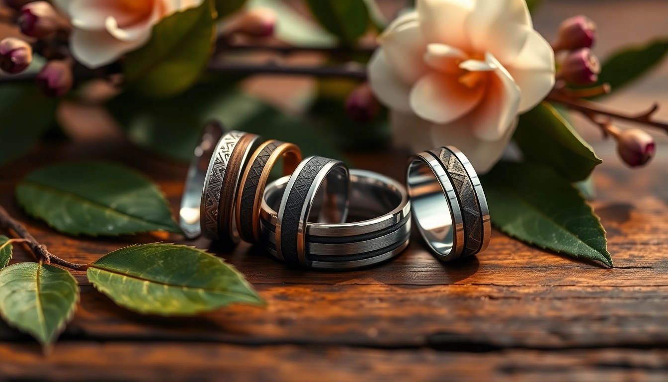 Showcase of Unique Wedding Bands for Men featuring diverse materials and designs in a natural setting.