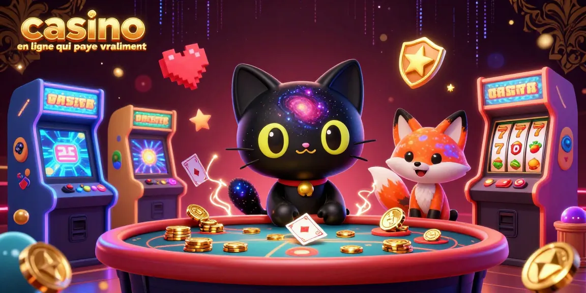 Casino en ligne qui paie vraiment : illustration animée d'un chat noir trou noir au centre d'une table de casino avec des jetons d'or et des machines à sous.