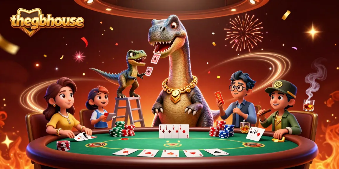 Thegbhouse showcases an exciting scene with a tall cartoon brontosaurus and a clever raptor dealing cards at a poker table.