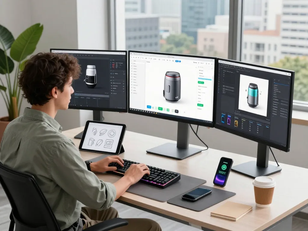 Engaging workspace showcasing a developer using 3D product configurator software on multiple monitors amidst a modern office setting.