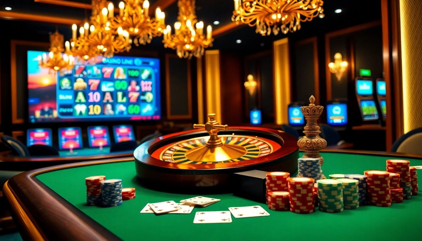 Vivez une expérience de jeu palpitante dans un élégant casino en ligne avec une roulette et une table de poker.