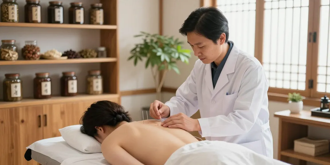 Expert treatment at 수원교통사고한의원 with acupuncture techniques in a serene clinic environment.