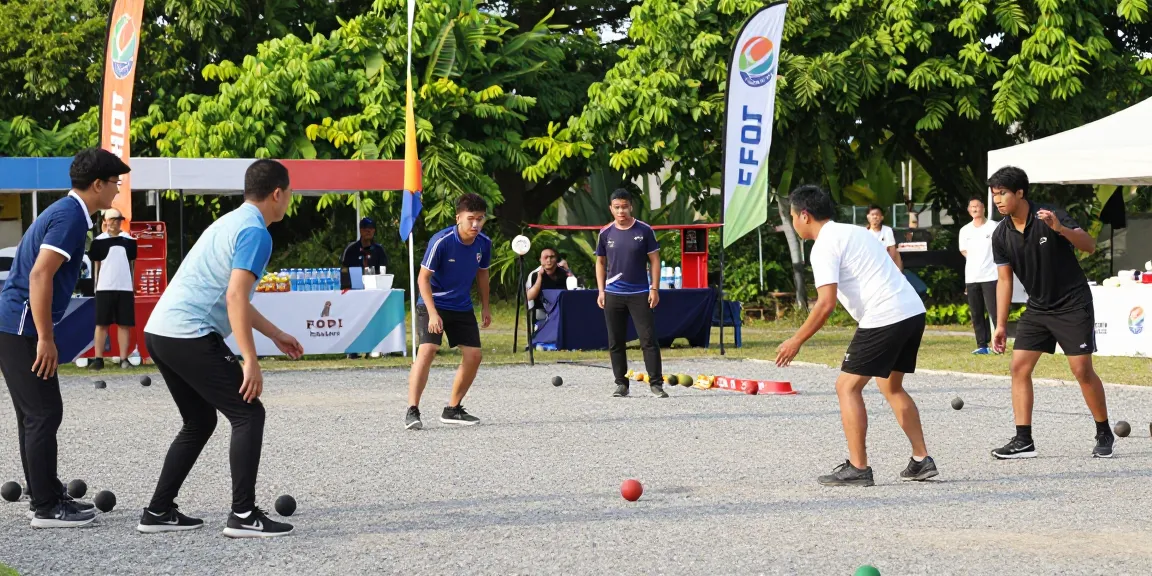 Kejuaraan petanque FOPI Kota Tarakan menampilkan pemain yang sedang beraksi di lapangan berpasir.