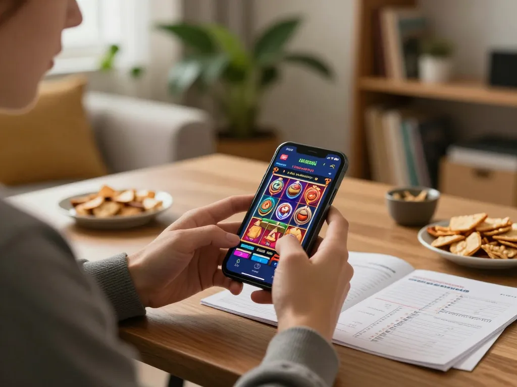 situs slot gacor gaming from home with smartphone showcasing live slots and snacks