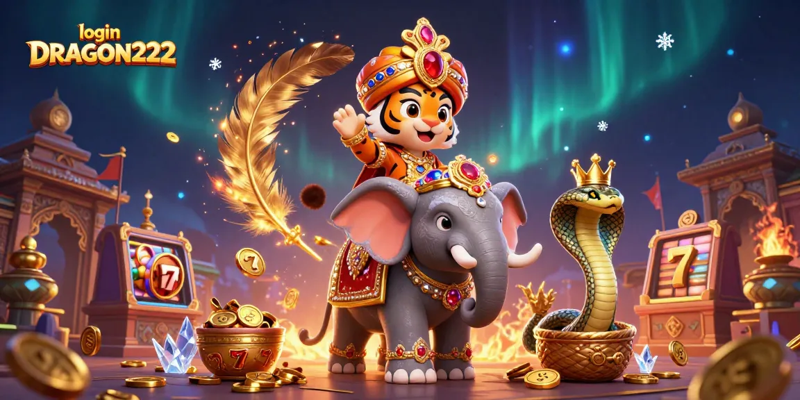Experience the excitement of login DRAGON222 with a vibrant elephant, tiger, and cobra in a dynamic casino setting.