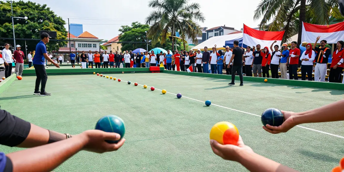 Turnamen petanque di fopikotapalopo.org, pemain melempar bola dengan semangat, suasana kompetitif yang meriah.