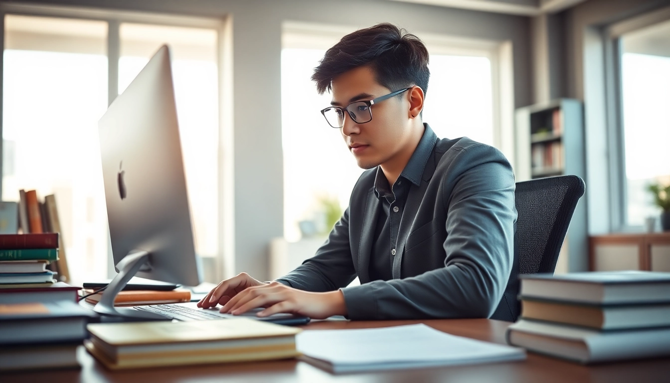Student pays someone to take toefl exam, focused on a computer, demonstrating academic dedication.
