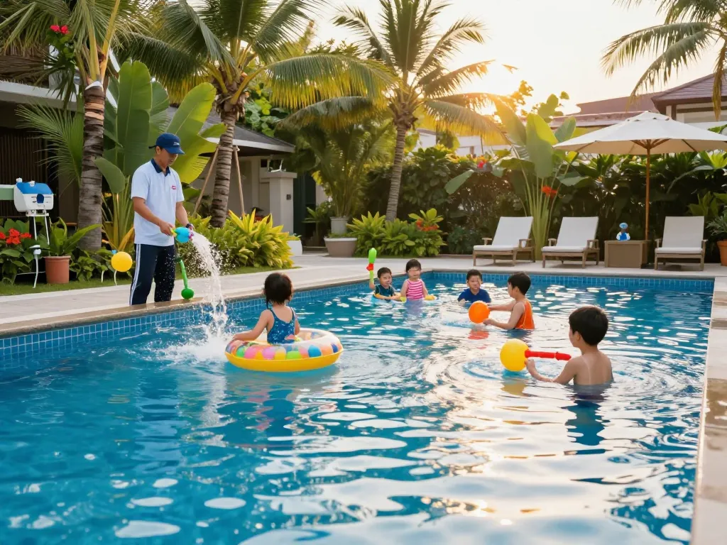 Dolphin Pool Services: Family enjoying a well-maintained pool with certified technician on-site.