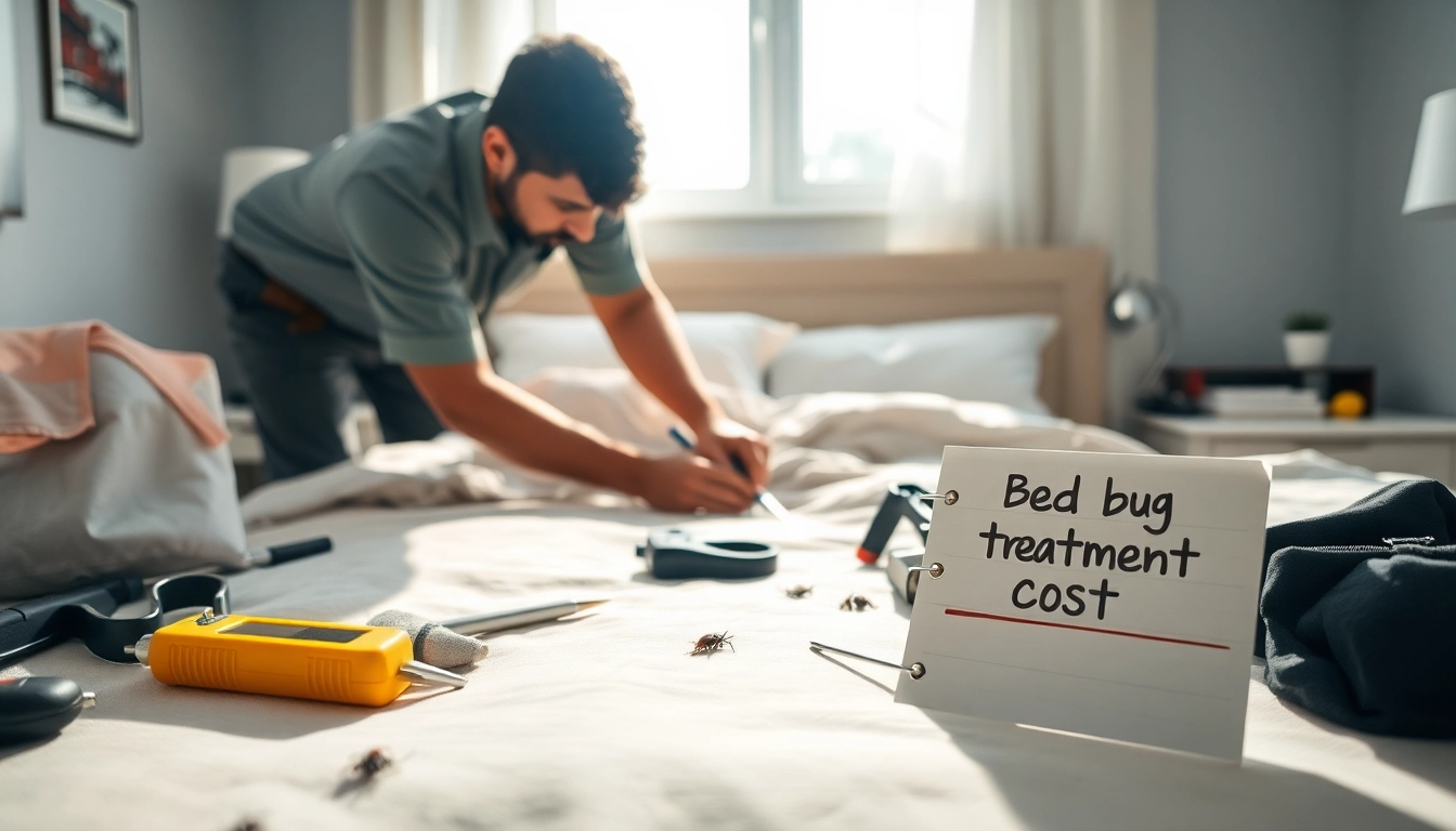 Evaluate bed bug treatment cost with a pest control technician inspecting a bedroom.