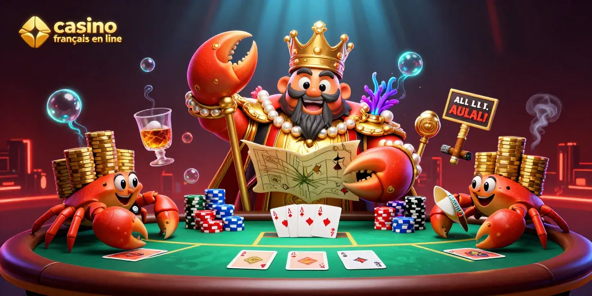 Découvrez le jeu au casino français en ligne avec un crabe roi et des serviteurs en arrière-plan.