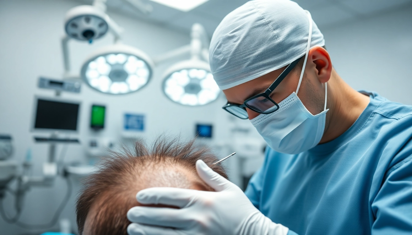 Surgeon performing hair transplant in a modern clinic showcasing precision techniques.