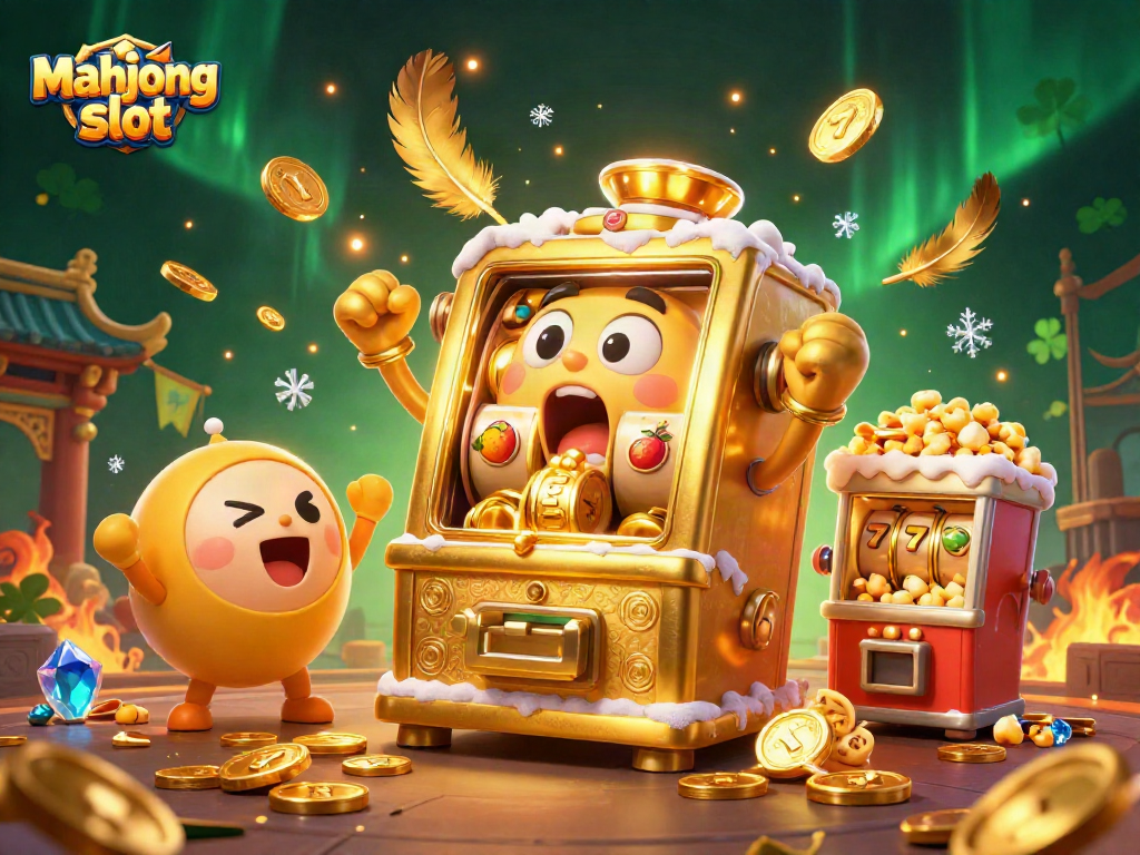 Exciting mahjong slot scene with a golden slot machine celebrating a jackpot as coins pour out.