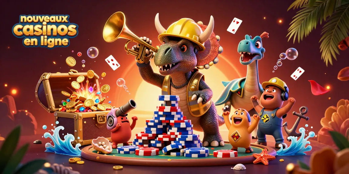 Découvrez les nouveaux casinos en ligne avec un triceratops en sécurité construisant une pyramide de jetons de poker.
