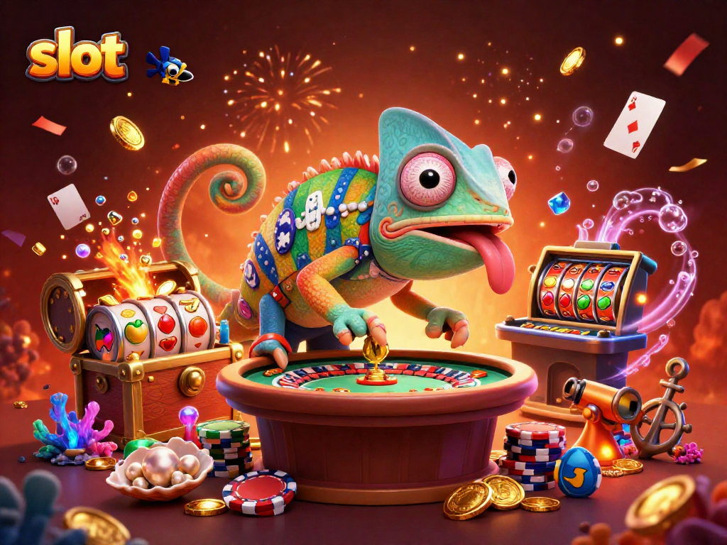 bermain slot dengan chameleon kasino yang menarik koin emas dan simbol beruntung dalam suasana meriah
