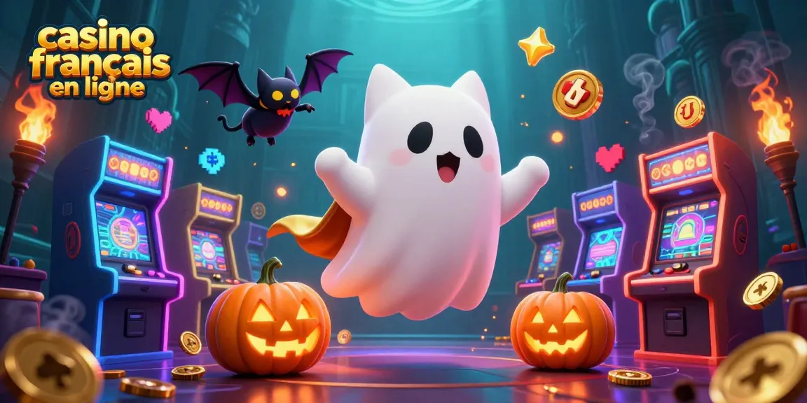 Jouez dans un casino français en ligne avec un chat fantôme amusant et un vampire, entourés de machines de jeux colorées.