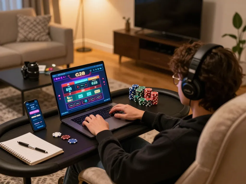 G28 online gaming setup showing player making strategic bets on laptop in cozy environment