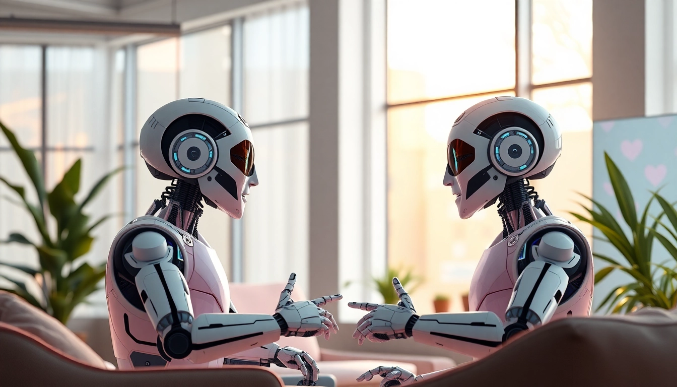 Chatbots in a modern workspace discussing relationships with soft lighting and a friendly atmosphere related to sex ai.