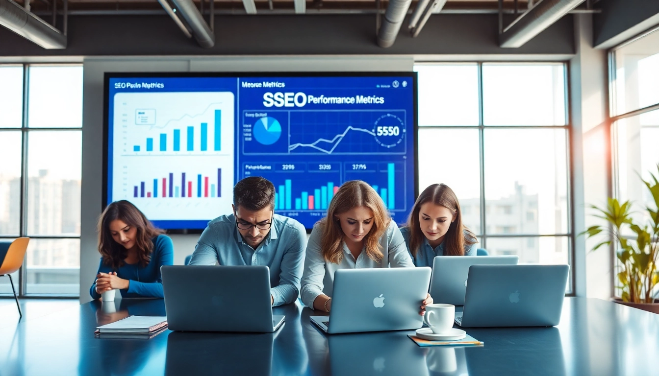 Visual representation of SEO performance metrics with a team collaborating in a professional office.