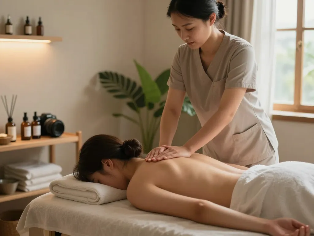 Relaxing aromatherapy session at home with maxim-anma.net massage services, therapist and client in tranquil setting.