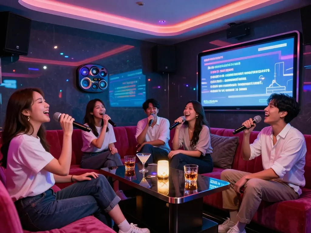 Enjoying a lively night at gangnamtune.com karaoke lounge with vibrant lights and drinks.