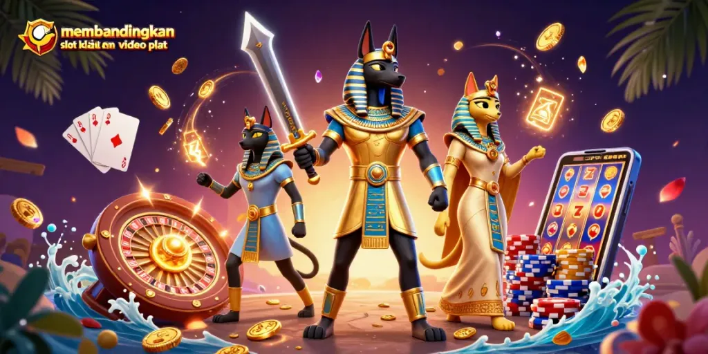 Membandingkan slot klasik dan video slot, ilustrasi 3D menunjukkan Anubis dan Bastet di lingkungan kasino yang meriah