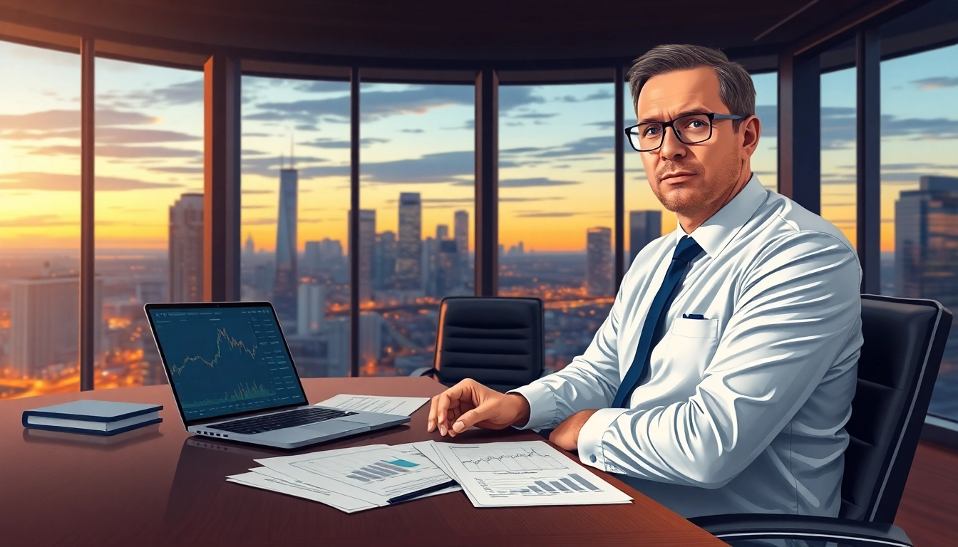 Mark Baum analyzing market trends in a modern office environment, portraying a determined demeanor.