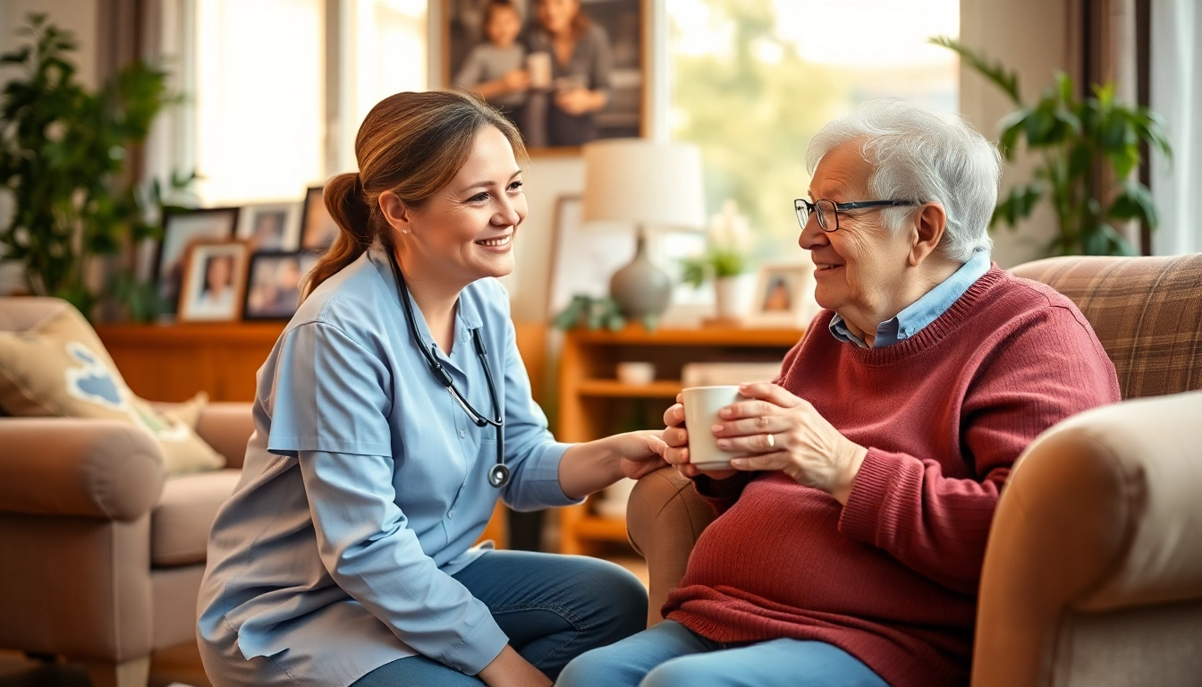 At home health care featuring a caregiver providing assistance to an elderly person in a comfortable living room.