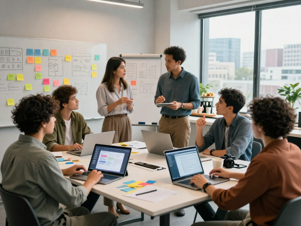 Collaboration scene with professionals using the crushon application in a modern workspace.