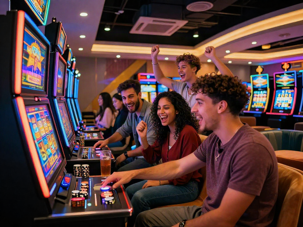Group of friends celebrating a slot bonus win in a vibrant casino lounge with colorful lights and excitement.