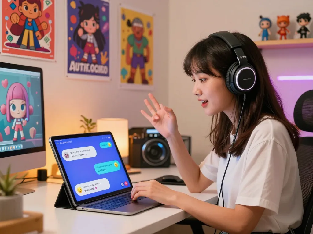 Engaging crushon AI character conversation in a colorful digital workspace with stylized decor
