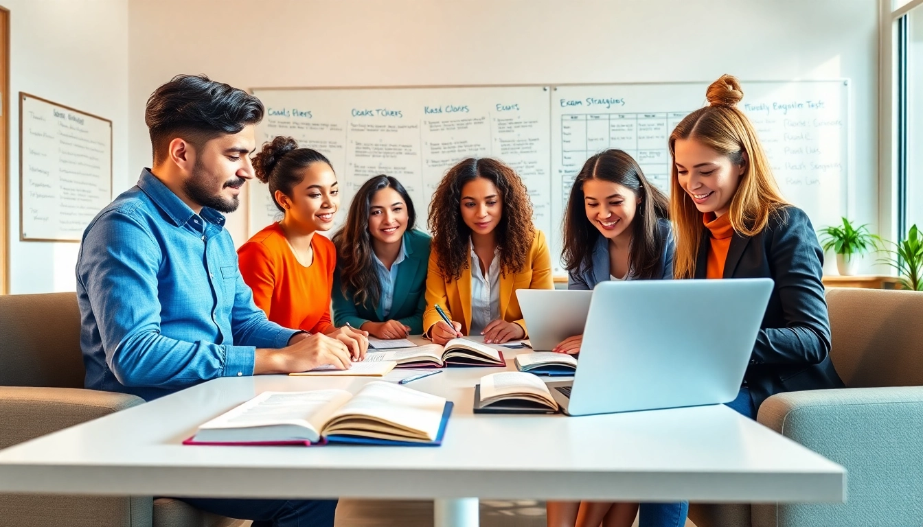 TOEFL test takers for hire collaborating in a bright, modern office setting to enhance exam preparation.