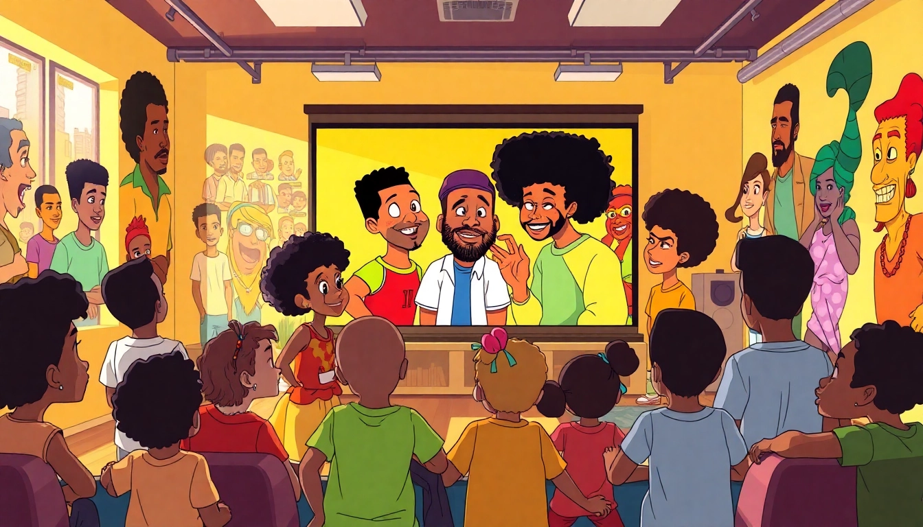 A scene showcasing African American Cartoons with children enjoying iconic characters in a lively animation studio.