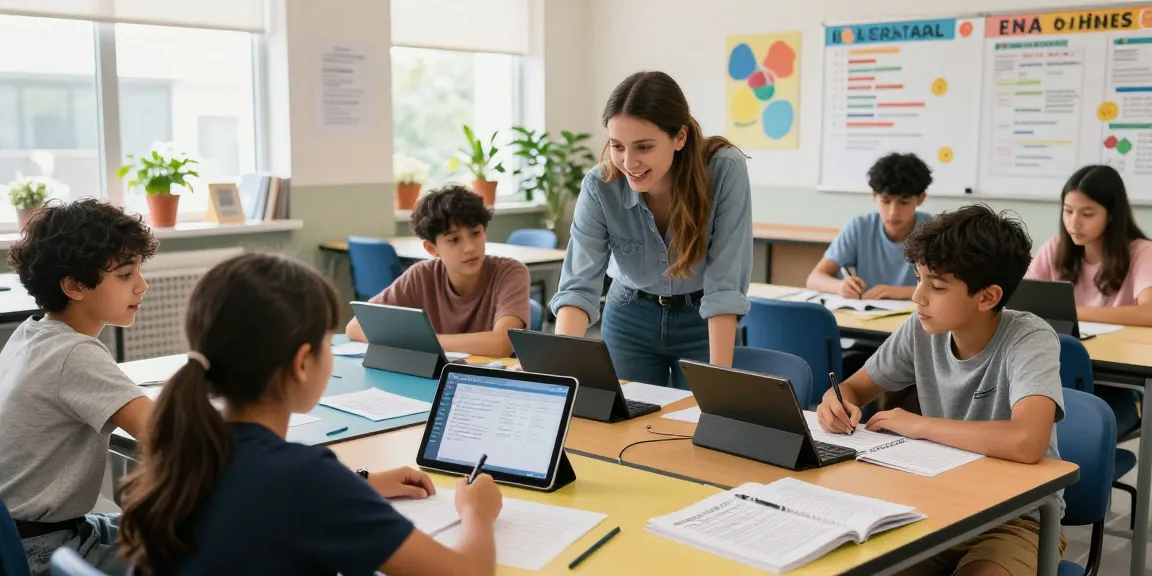 Students using EMStudio's online teacher planner in a collaborative classroom atmosphere.