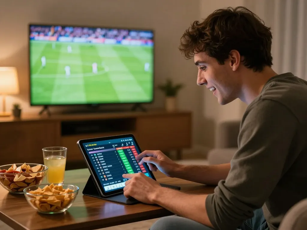 Engaged sports bettor using the 7meter bola app on a tablet to analyze odds during a live match.