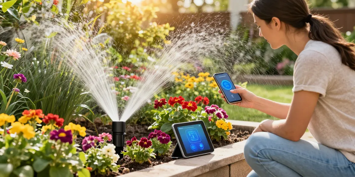 Homeowner using a rainpoint wifi water timer in a lush garden setting, adjusting watering schedules with smartphone.